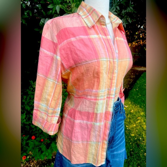 Liz Claiborne 100% linen White and Orange Plaid Button-Down Shirt - Picture 2 of 6